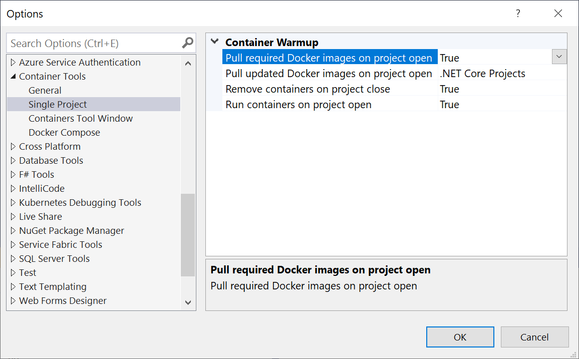 Opcje narzędzi Kontener Tools programu Visual Studio pokazujące: Kill containers on project close (Zabij kontenery w pobliżu projektu), Pull required Docker images on project open (Ściąganie wymaganych obrazów platformy Docker w otwartym projekcie) i Run containers on project open (Uruchamianie kontenerów w otwartym projekcie).