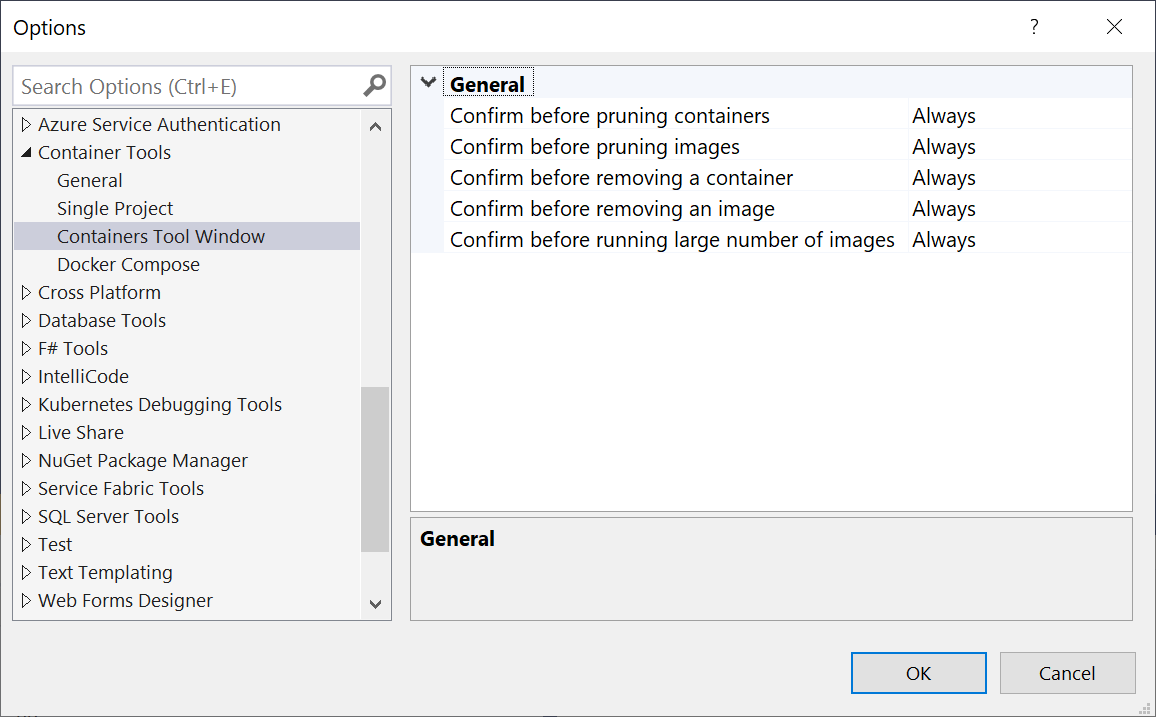 Opcje narzędzi kontenera programu Visual Studio z wyświetlonymi ustawieniami dostępnymi dla okna narzędzia Kontenery