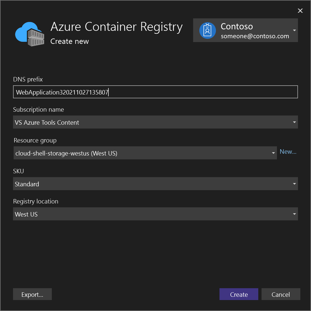 Zrzut ekranu przedstawiający okno dialogowe tworzenia usługi Azure Container Registry w programie Visual Studio.