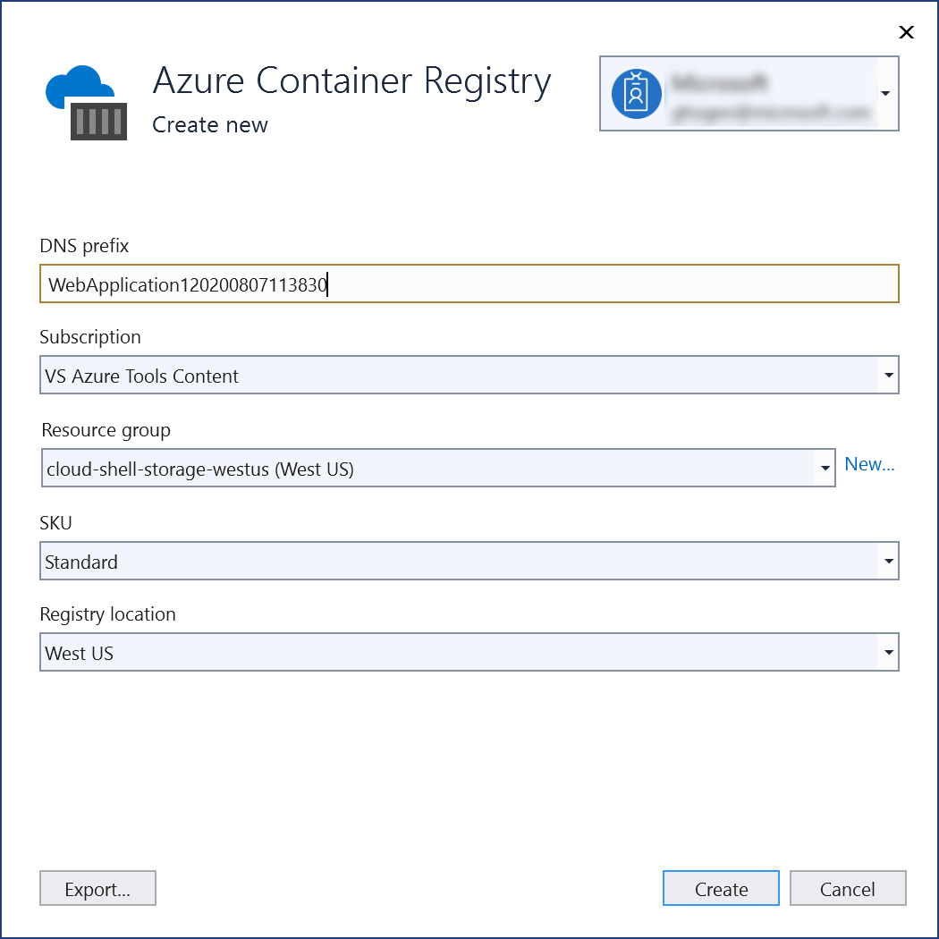 Zrzut ekranu przedstawiający okno dialogowe tworzenia usługi Azure Container Registry w programie Visual Studio.