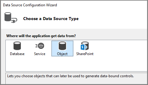 Zrzut ekranu kreatora konfiguracji źródła danych ze źródłem obiektu.
