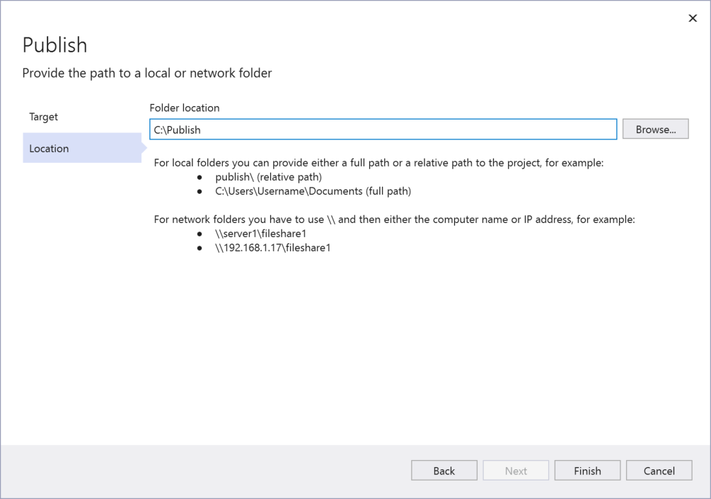 Zrzut ekranu przedstawiający okno dialogowe Wybieranie miejsca docelowego publikowania w programie Visual Studio z wybraną wartością docelową publikowania folderem 