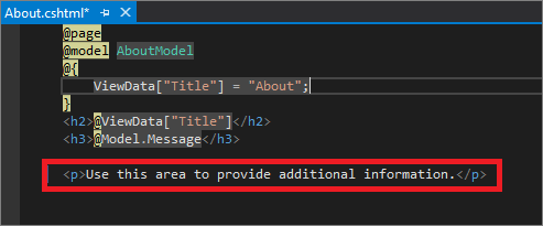 Zrzut ekranu przedstawia plik About dot c s h t m l (Informacje) dla strony głównej Visual Studio edytorze kodu.