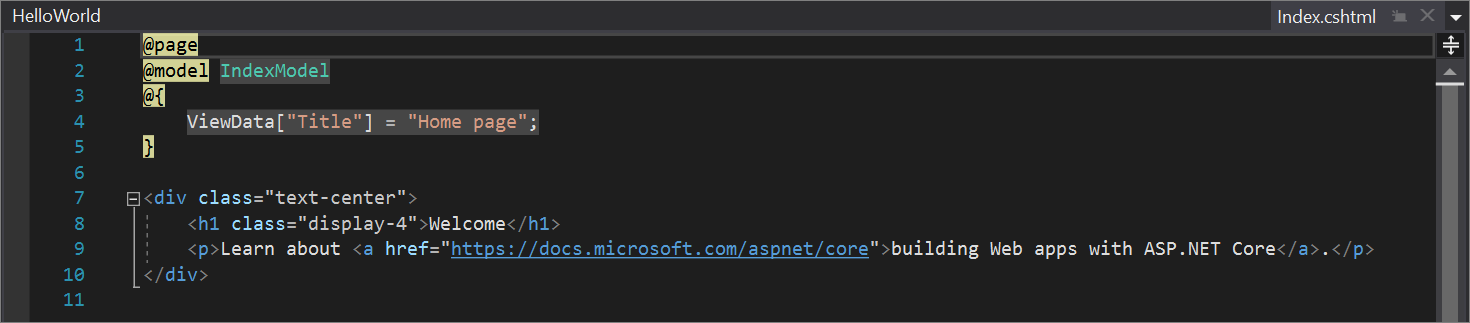 Zrzut ekranu przedstawiający plik Index dot c s h t m l dla strony głównej w Visual Studio edytorze kodu.