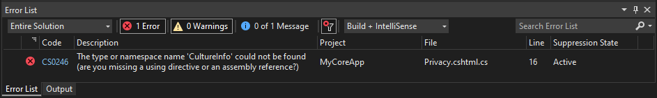 Zrzut ekranu przedstawia pasek narzędzi Lista błędów w Visual Studio z wyświetloną wartością CultureInfo i brakuje dyrektywy using.