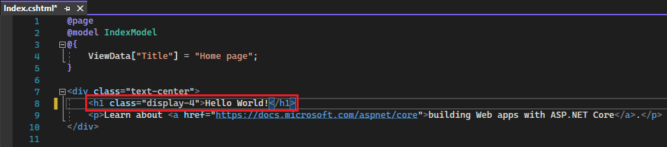 Zrzut ekranu przedstawiający plik Index.cshtml w Visual Studio kodu z tekstem &quot;Witaj&quot; zmienionym na &quot;Hello world!&quot;.