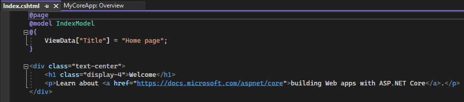 Zrzut ekranu przedstawia plik Index.cshtml otwarty w Visual Studio edytorze kodu.