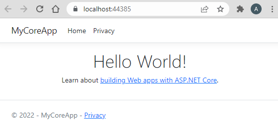 Zrzut ekranu przedstawia stronę główną aplikacji internetowej w oknie przeglądarki. Zaktualizowany tekst zawiera tekst &quot;Hello world!&quot;.