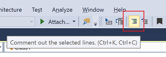 Zrzut ekranu przedstawiający przycisk Oznacz jako komentarz na pasku narzędzi edytora w Visual Studio.