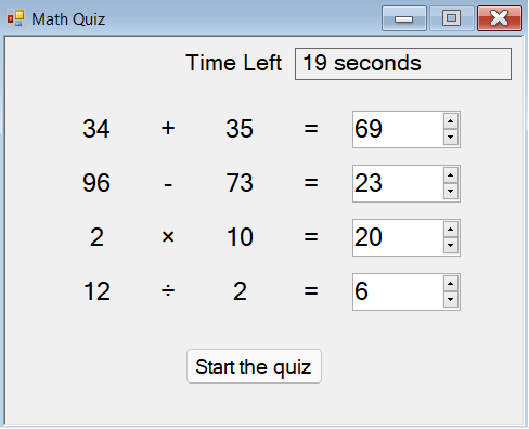 Screenshot that shows a completed quiz with 19 seconds remaining. The Start the quiz button is available.