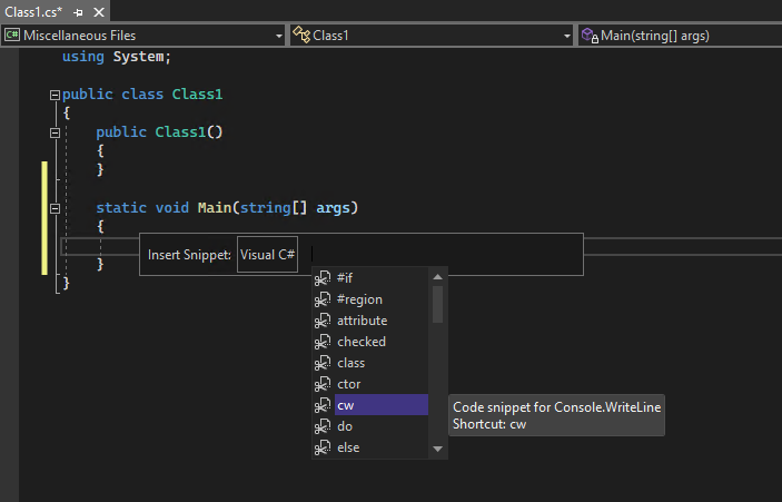 Zrzut ekranu przedstawiający okno podręczne funkcji IntelliSense dla listy fragmentów kodu w języku C#.
