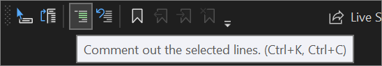 Zrzut ekranu przedstawiający przycisk Oznacz jako komentarz na pasku narzędzi edytora tekstu w Visual Studio 2022 r.