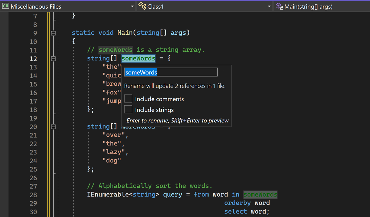 Zrzut ekranu przedstawiający okno podręczne Zmienianie nazwy w edytorze Visual Studio 2022 r.