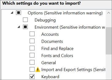 Screenshot that shows an example of how to import only customized keyboard shortcuts.
