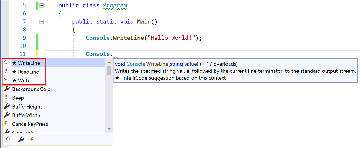 Screenshot of starred IntelliSense suggestions using IntelliCode in Visual Studio.