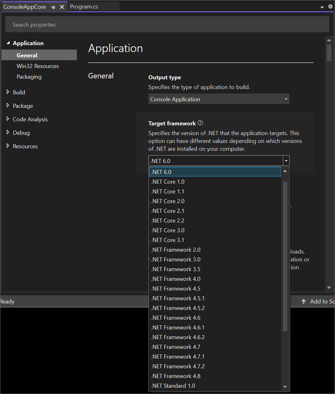 Zrzut ekranu przedstawiający wersje platformy docelowej dla projektu platformy .NET Core w programie Visual Studio 2022.
