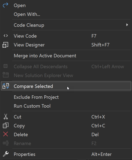 Screenshot of Compare Selected context menu item.