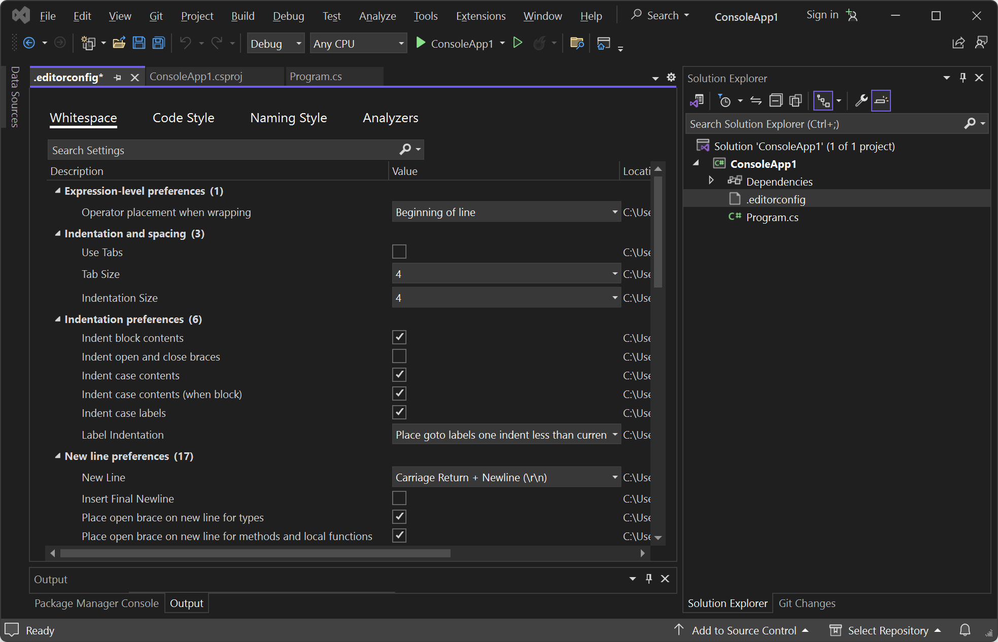 Zrzut ekranu przedstawiający plik .editorconfig w Eksplorator rozwiązań i edytorze.