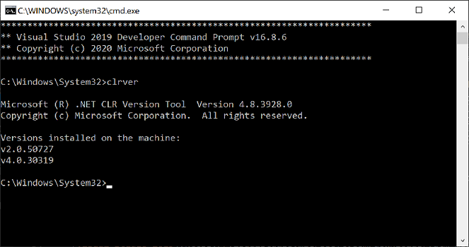 Zrzut ekranu przedstawiający wiersz polecenia dla deweloperów programu Visual Studio 2019 przedstawiający narzędzie clrver.