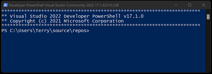 Zrzut ekranu przedstawiający narzędzie Developer PowerShell w programie Visual Studio 2022.