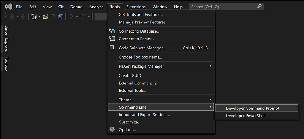 Zrzut ekranu przedstawiający menu Wiersza polecenia w programie Visual Studio 2022.