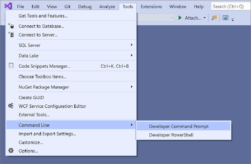 Zrzut ekranu przedstawiający menu Wiersza polecenia w programie Visual Studio 2019.
