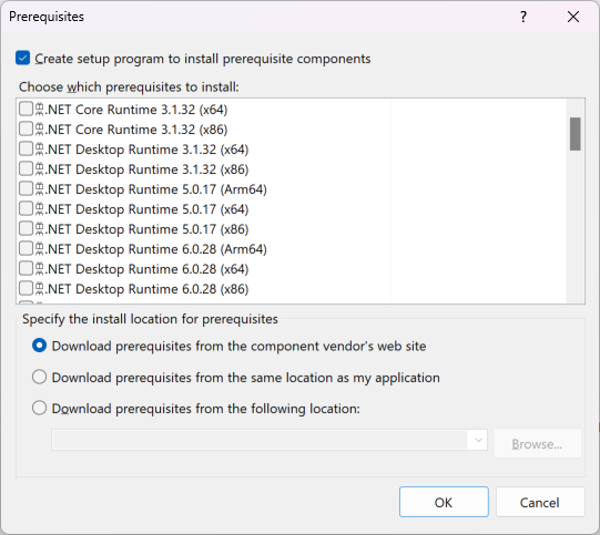 Okno dialogowe Wymagania wstępne w programie Visual Studio