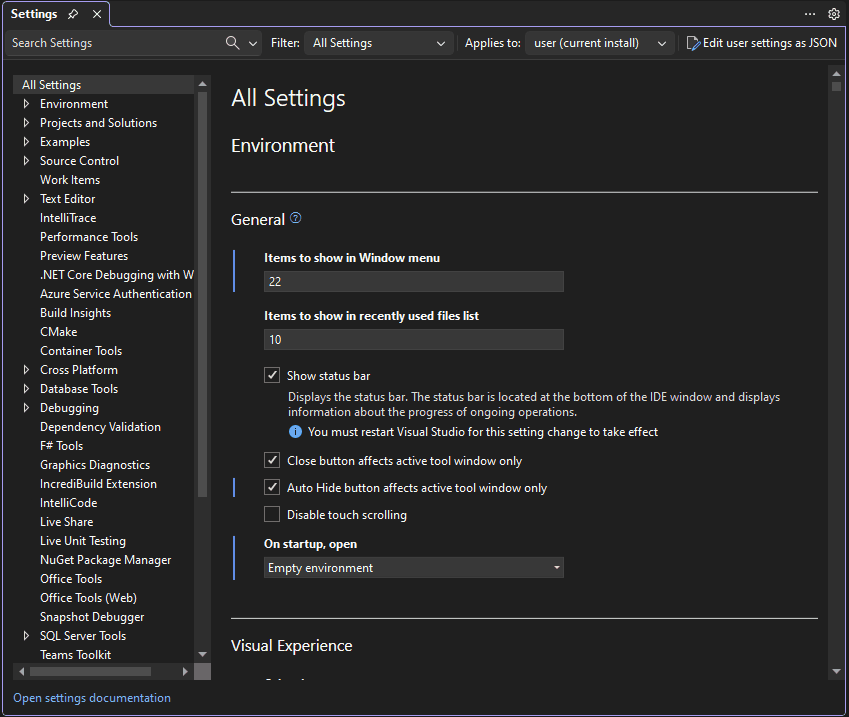 Obraz poruszający przedstawiający menu ikon koła zębatego w nowym interfejsie użytkownika ustawień programu Visual Studio