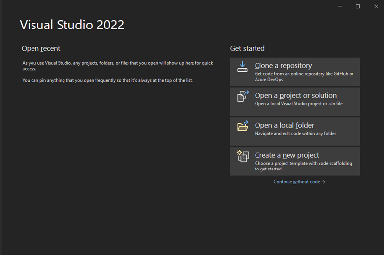 Zrzut ekranu przedstawiający opcje rozpoczynania pracy z nowo zainstalowanym programem Visual Studio.