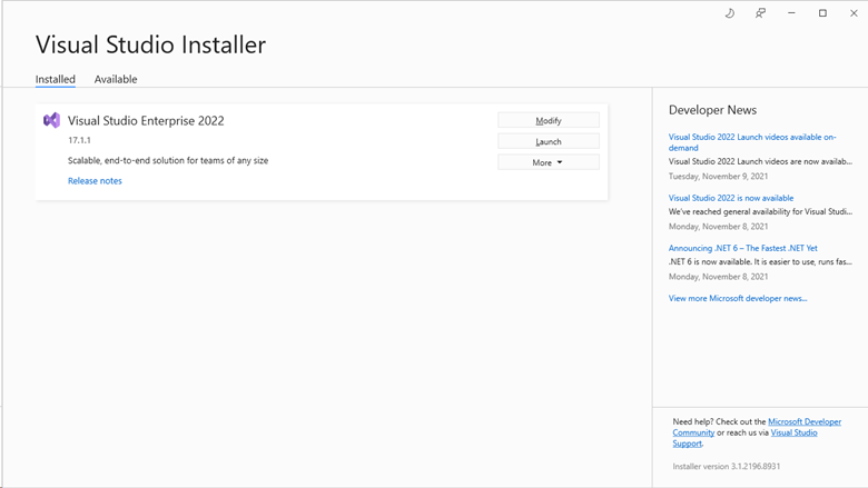 Zrzut ekranu przedstawiający okienko Instalator programu Visual Studio z listą zainstalowanej wersji lub wersji.