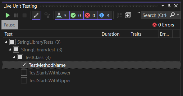 Zrzut ekranu przedstawiający edytor listy odtwarzania funkcji Live Unit Testing.