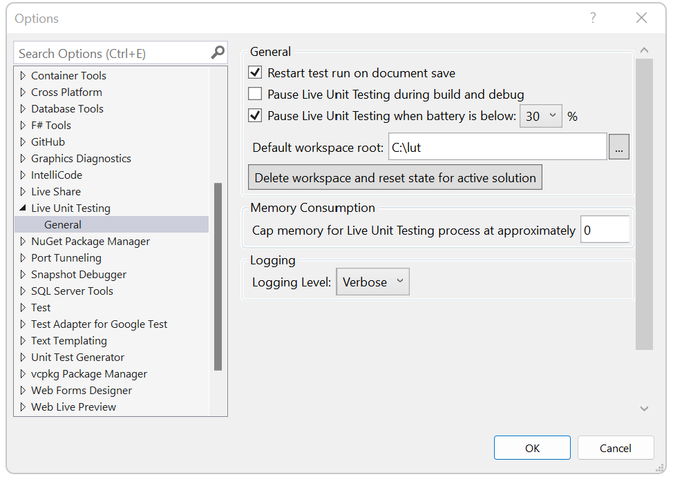 Zrzut ekranu przedstawiający opcje konfiguracji funkcji Live Unit Testing.