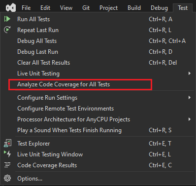 Zrzut ekranu przedstawiający menu Test z wyróżnioną funkcją Analizuj pokrycie kodu.
