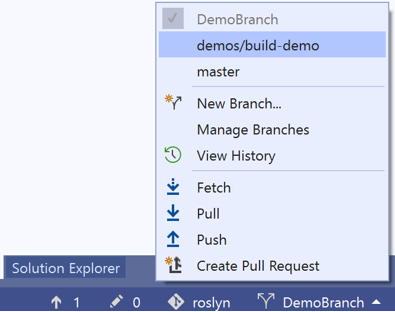 Bieżące gałęzie, które można wyświetlić przy użyciu paska stanu w prawym dolnym rogu w środowisku IDE programu Visual Studio 