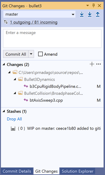 Okno Zmiany usługi Git w programie Visual Studio.