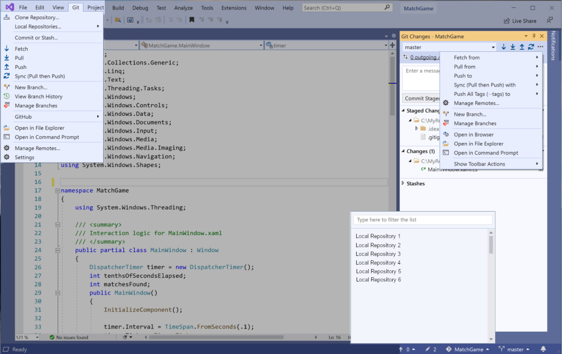 Środowisko IDE programu Visual Studio z menu Git i kartą Zmiany usługi Git w Eksplorator rozwiązań pokazano.