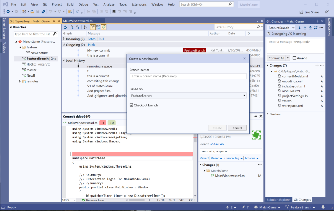 Środowisko IDE programu Visual Studio z wyróżnionym menu Git i kartą Zmiany usługi Git w Eksplorator rozwiązań.