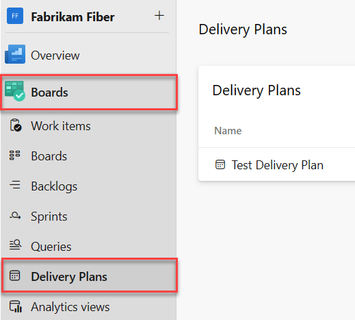 Zrzut ekranu przedstawiający obszar Plany dostarczania w Azure Boards.
