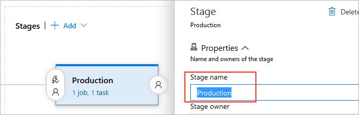 Wybieranie istniejącego etapu na karcie Potoki i zmienianie nazwy na Production (Produkcja) na panelu Etap