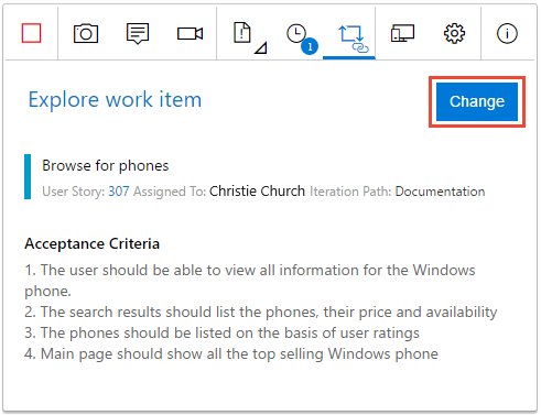 Screenshot showing changing the work item you're exploring.