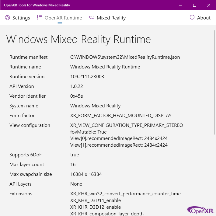 Karta OpenXR Tools for Windows Mixed Reality app OpenXR Runtime (Narzędzia OpenXR tools for Windows Mixed Reality app OpenXR Runtime)
