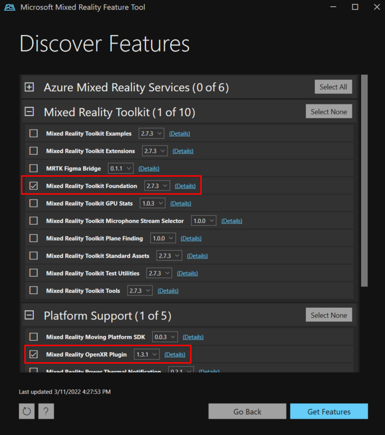 Zrzut ekranu przedstawiający opcje pakietów w narzędziu Mixed Reality Feature Tool.