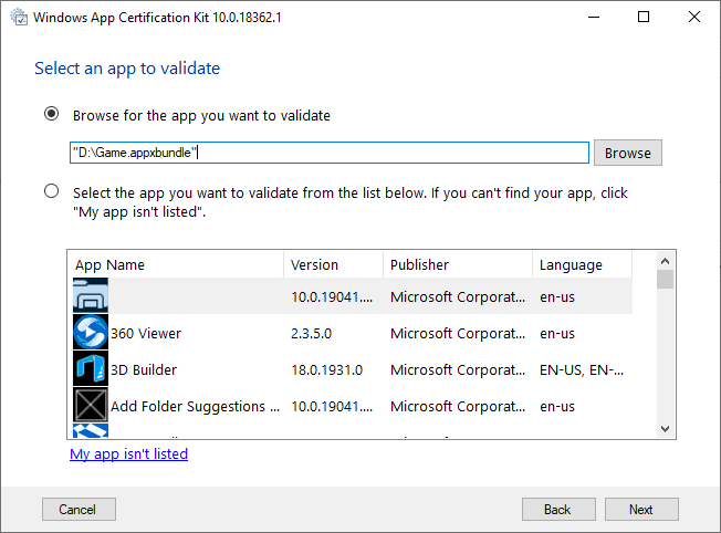 Zrzut ekranu przedstawiający wybór walidacji w zestawie certyfikacji aplikacji systemu Windows