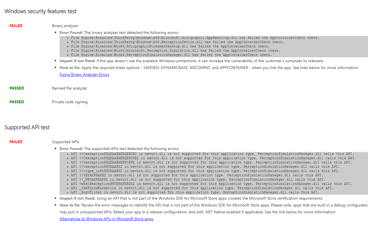Zrzut ekranu przedstawiający wynik, który zakończył się niepowodzeniem z powodu analizatora binarnego i obsługiwanych interfejsów API z zestawu certyfikacji aplikacji systemu Windows