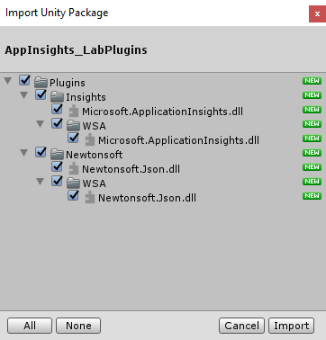 Zrzut ekranu przedstawiający okno dialogowe Importowanie pakietu aparatu Unity z zaznaczonymi wszystkimi elementami.
