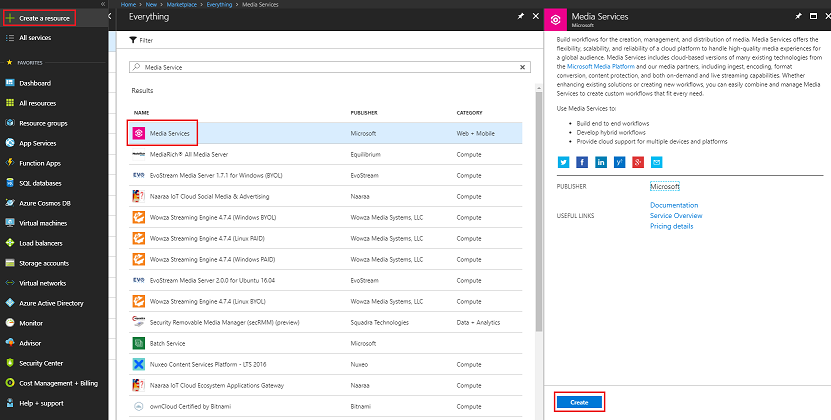 Zrzut ekranu witryny Azure Portal. Opcja Media Services jest wyróżniona.
