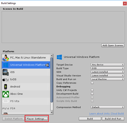 Zrzut ekranu przedstawiający ekran ustawień kompilacji aparatu Unity.