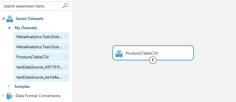 Zrzut ekranu przedstawiający okno Eksperyment, które pokazuje rozwinięty folder Moje zestawy danych w menu i Tabela produktów C S V w kanwie eksperymentu.