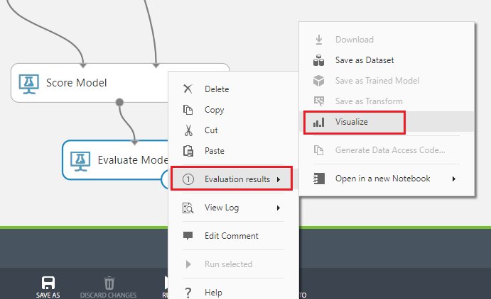 Zrzut ekranu przedstawiający menu kliknij prawym przyciskiem myszy element Ocena modelu, w którym przedstawiono wyróżnione wyniki oceny i elementy menu Wizualizuj.