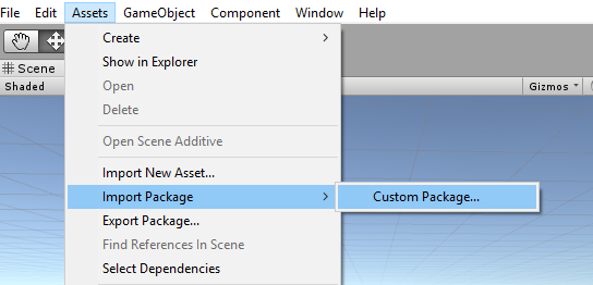 Zrzut ekranu przedstawiający pulpit nawigacyjny aparatu Unity przedstawiający wyróżnione elementy menu Importuj pakiet i Pakiet niestandardowy.